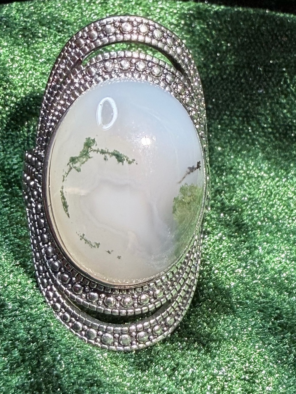 Stainless Steel Adjustable Moss Agate Statement Ring w Detailed Banf